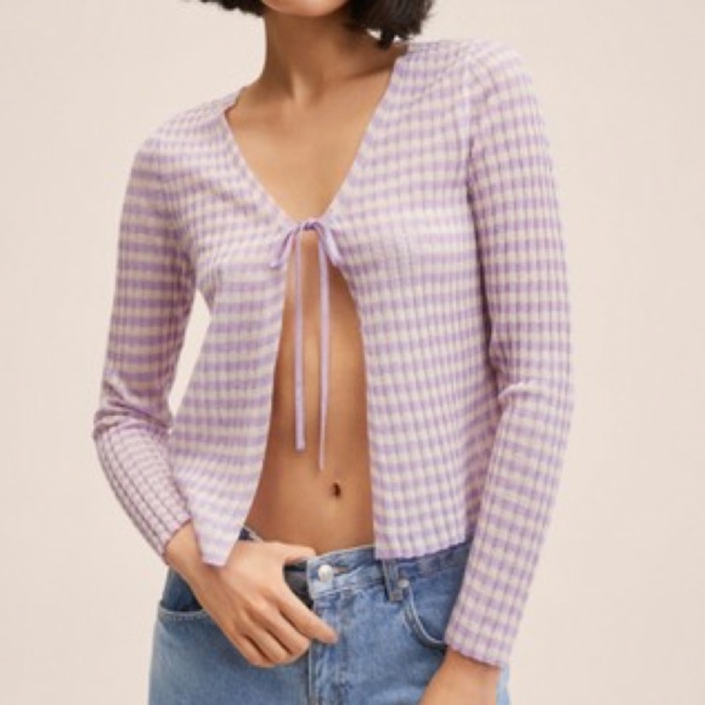 Mango Sheer Ribbed Tie-Front Cardigan Sweater